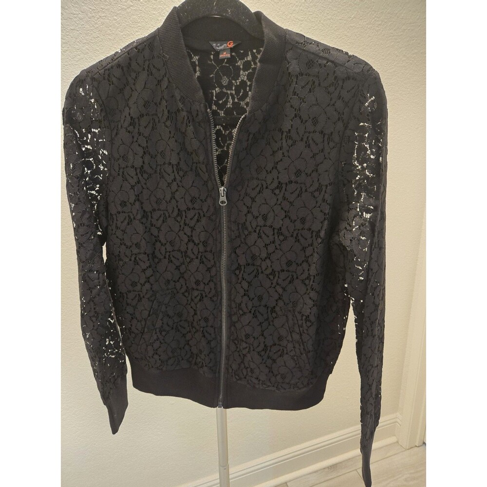 ​G By Guess Medium Black Floral Lace Full Zip Bomber Jacket Women Ribbed Trim